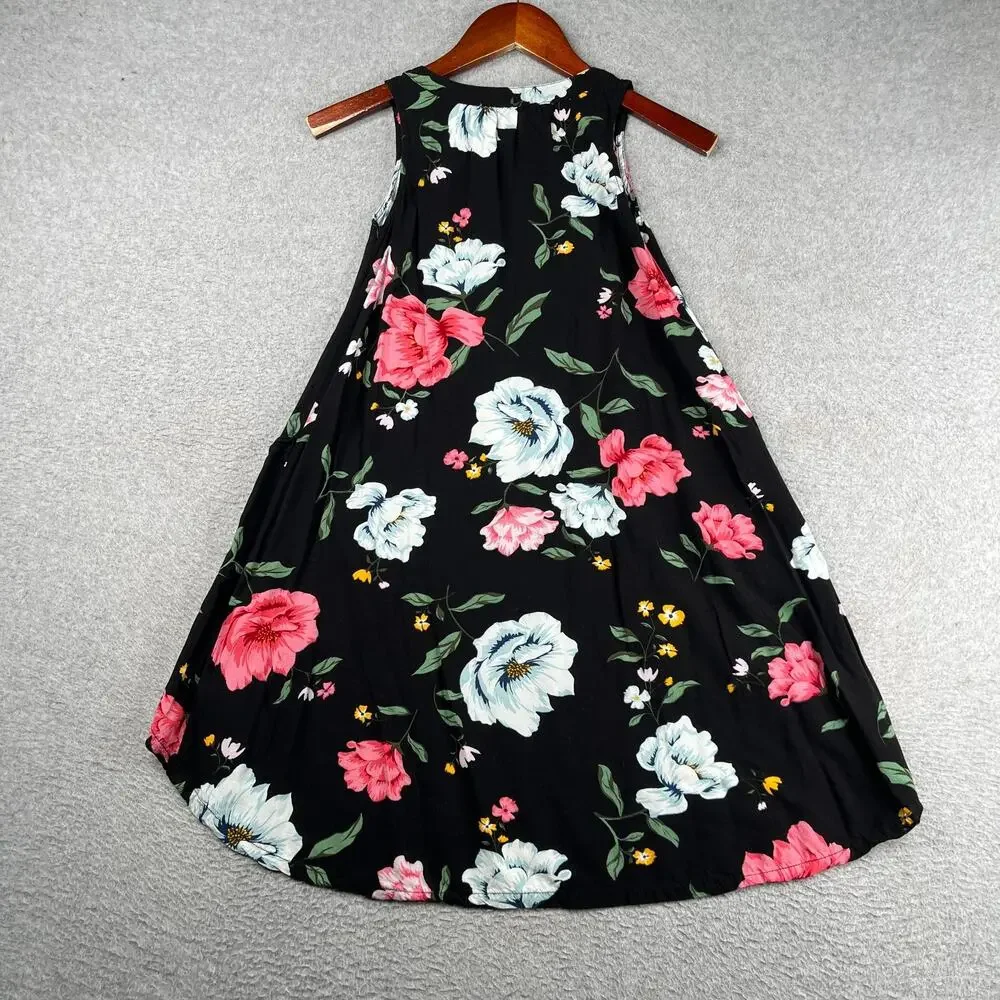 Old Navy Girls Sleeveless Shirt Flowing Tunic Top Black Pink Flowers Small 6/7